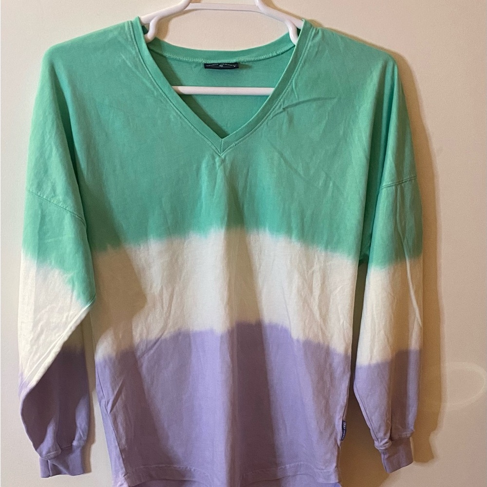 Spirit Jersey women’s SMALL longsleeveVNeck Tye dye Purple/green oversized NWOT